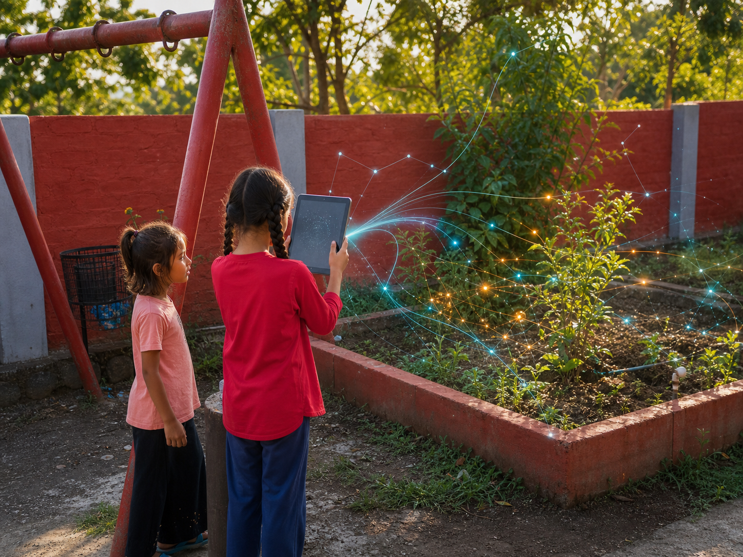 Children gathered around a tablet in the Rakkar courtyard with subtle AI light threads