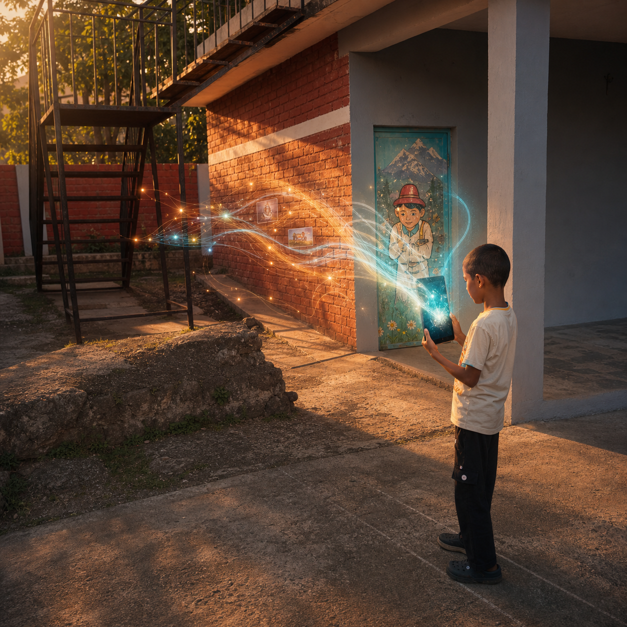 A child holding a tablet near a painted school doorway as light trails emerge from the screen