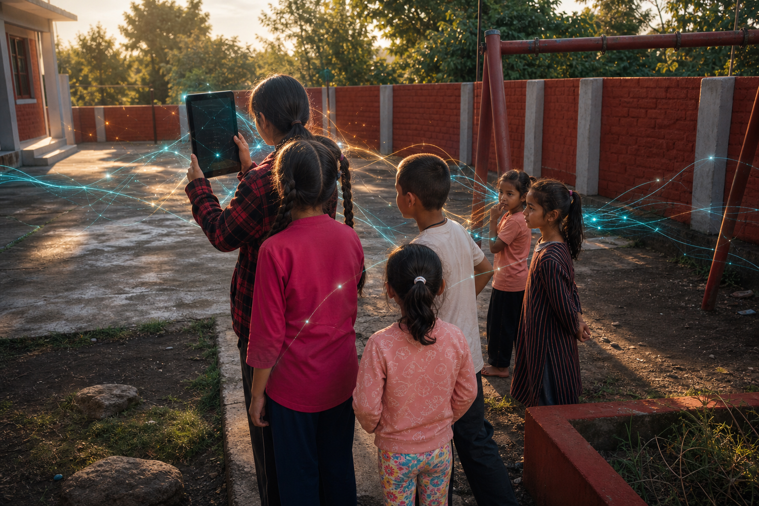 Two children using a tablet near a school garden with AI awareness lines over the plants