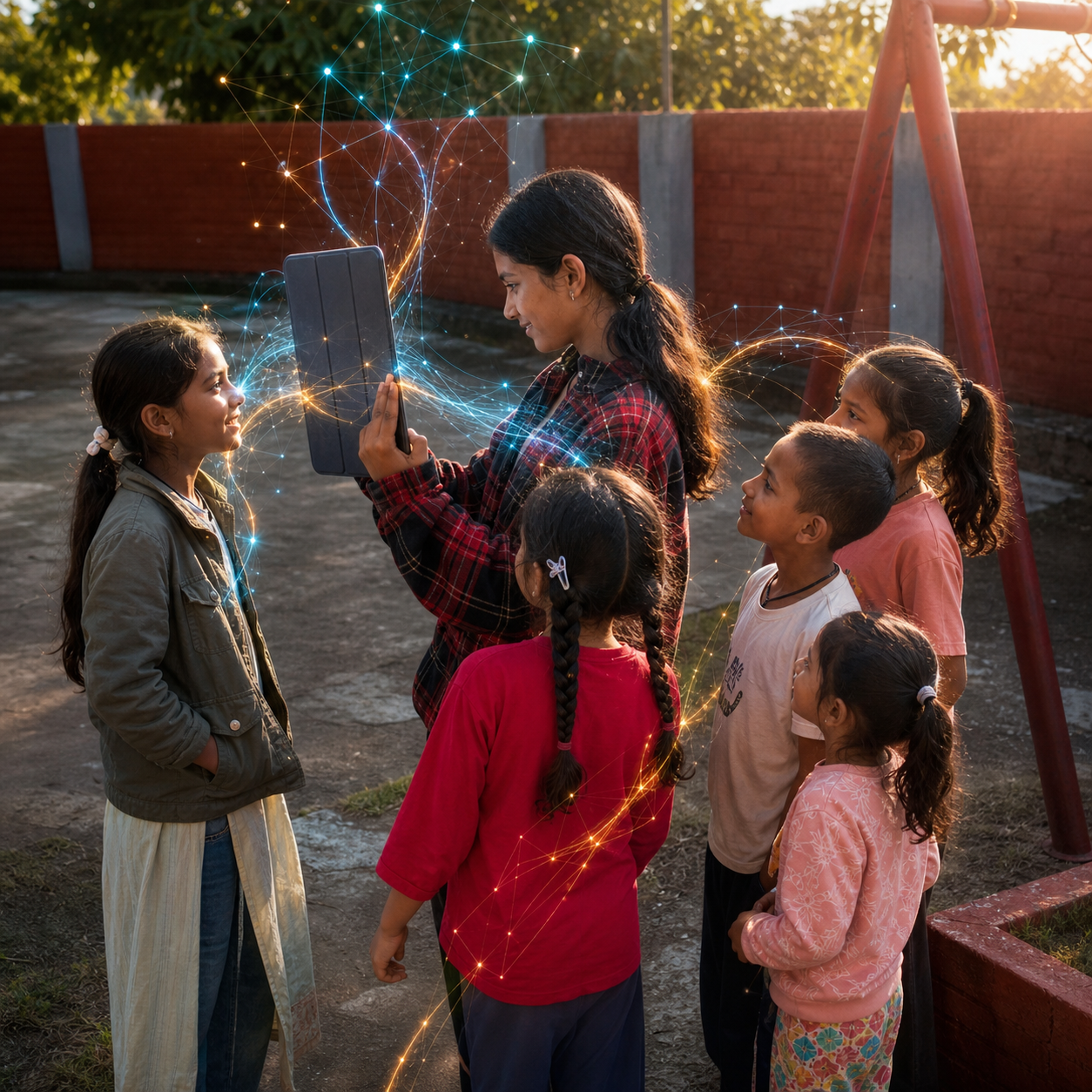 A trainer and children looking at a tablet as luminous signal threads connect the group
